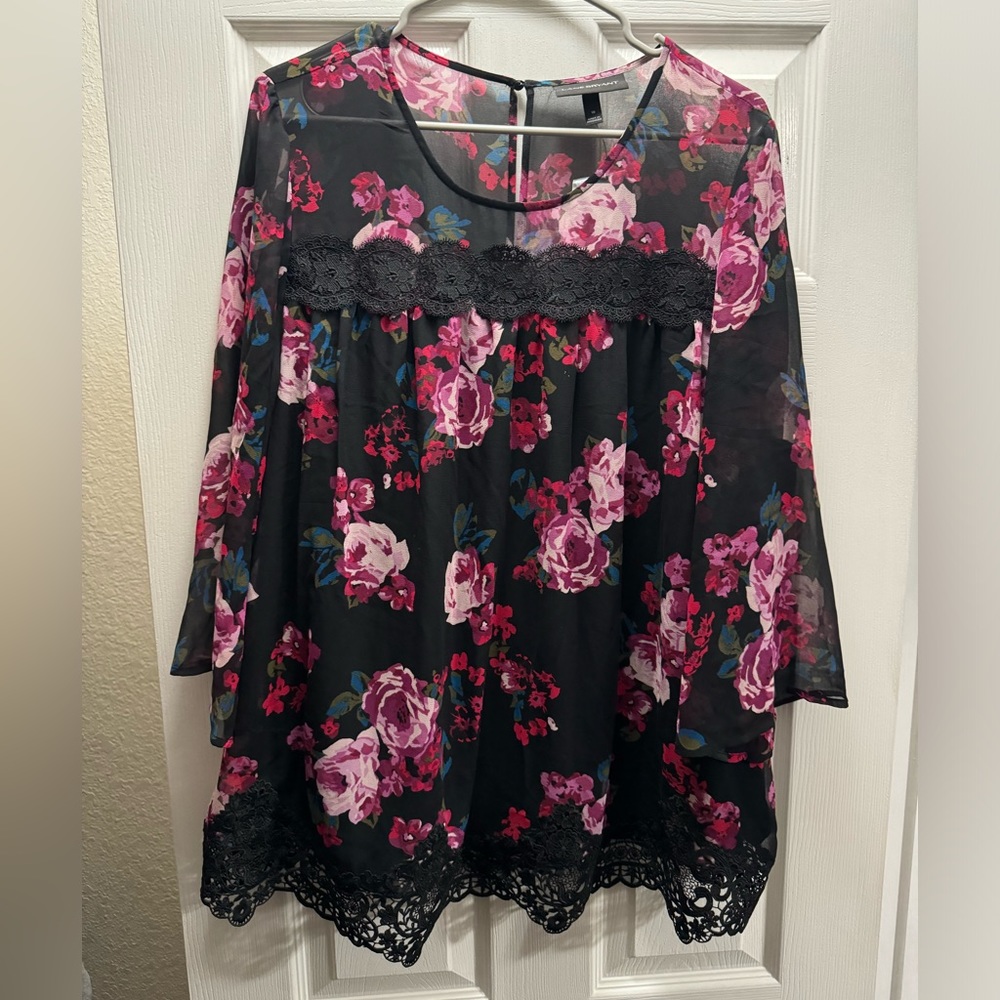 💜 NEW WOMENS PLUS SIZE LANE BRYANT TOP SHIRT DRESS SHIRT SIZE 18 BLACK FLORAL